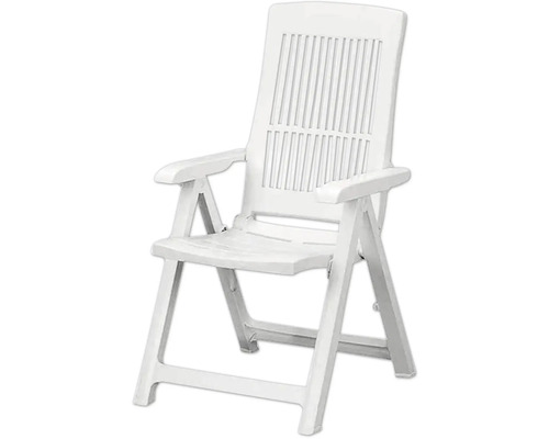 Fauteuil de jardin pliant en plastique blanc avec dossier haut et accoudoirs.