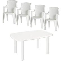Salon de jardin cinq pièces en plastique comprenant une table rectangulaire et quatre chaises de jardin avec accoudoirs.
