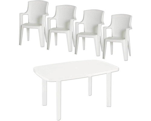 Salon de jardin cinq pièces en plastique comprenant une table rectangulaire et quatre chaises de jardin avec accoudoirs.