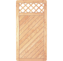 Portail en bois avec structure de planches diagonales et insert de treillis