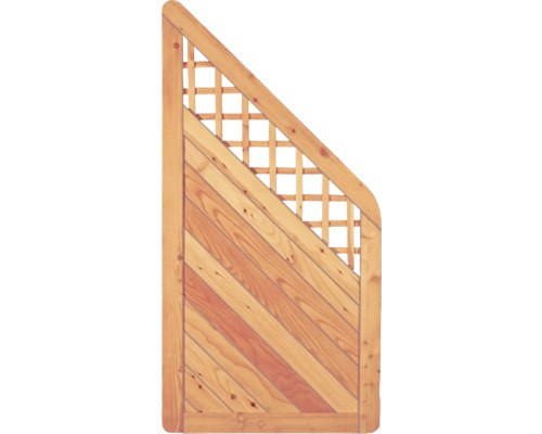 Portail en bois avec structure à lattes diagonales et insertion de grille