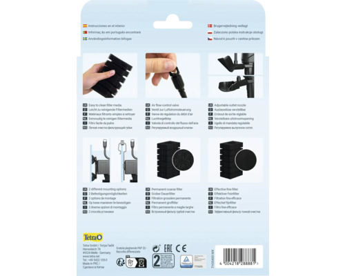 Informations à l'intérieur, Média filtrant facile à nettoyer, Vanne de régulation du débit d'air, Embout de sortie réglable, Deux options de montage, Filtre grossier permanent, Filtre fin efficace, Logo Tetra, Sceau de garantie de deux ans,...