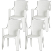 Quatre chaises de jardin en plastique avec accoudoirs en blanc.