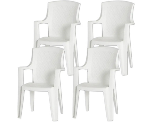 Quatre chaises de jardin en plastique avec accoudoirs en blanc.