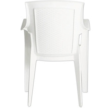 Chaise de jardin blanche en plastique vue de l'arrière avec dossier texturé et accoudoirs.