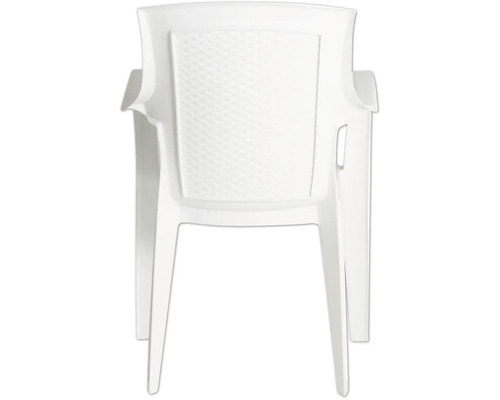 Chaise de jardin blanche en plastique vue de l'arrière avec dossier texturé et accoudoirs.