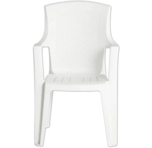 Chaise de jardin empilable en plastique avec accoudoirs et dossier texturé blanc.