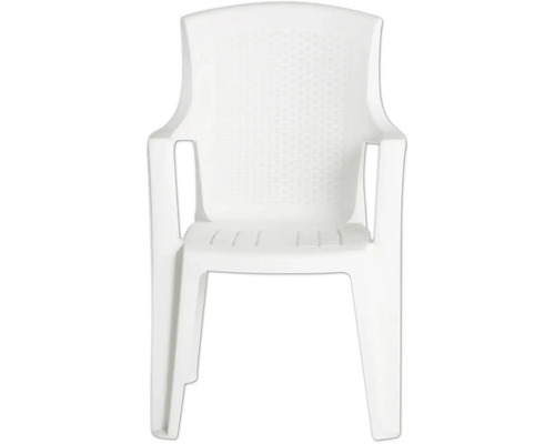 Chaise de jardin empilable en plastique avec accoudoirs et dossier texturé blanc.