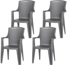Lot de 4 chaises de jardin en plastique anthracite avec accoudoirs et motif tressé sur le dossier.