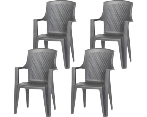 Lot de 4 chaises de jardin en plastique anthracite avec accoudoirs et motif tressé sur le dossier.