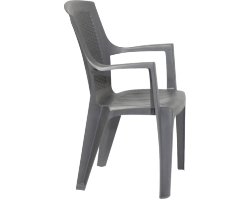 Chaise de jardin empilable en plastique avec accoudoirs en gris.