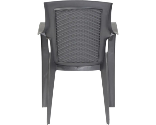 Vue arrière d une chaise de jardin en plastique de couleur anthracite avec accoudoirs et dossier à l aspect tressé.