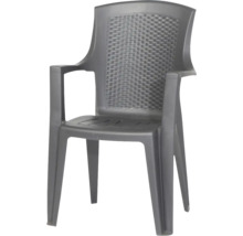 Chaise de jardin empilable en plastique anthracite avec accoudoirs et dossier à l'aspect tressé.