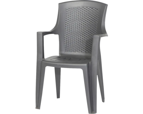 Chaise de jardin empilable en plastique anthracite avec accoudoirs et dossier à l'aspect tressé.