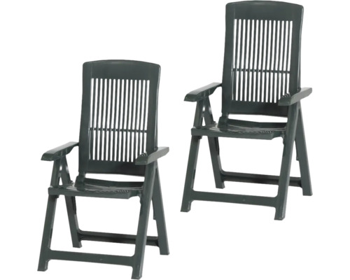 Deux chaises de jardin pliantes vert foncé en plastique avec dossier haut et accoudoirs.