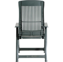 Chaise de jardin verte en plastique avec accoudoirs et dossier haut.