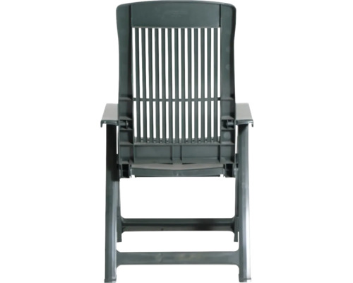Chaise de jardin verte en plastique avec accoudoirs et dossier haut.