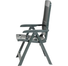 Chaise de jardin pliante en plastique avec accoudoirs et dossier haut en vert foncé.