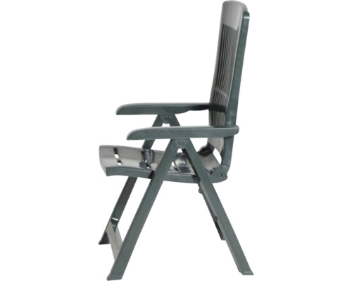 Chaise de jardin pliante en plastique avec accoudoirs et dossier haut en vert foncé.