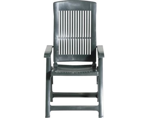 Chaise de jardin pliante en plastique avec dossier haut et accoudoirs.