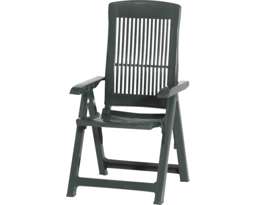 Fauteuil de jardin pliant en plastique vert foncé avec dossier haut, accoudoirs et lattes verticales.