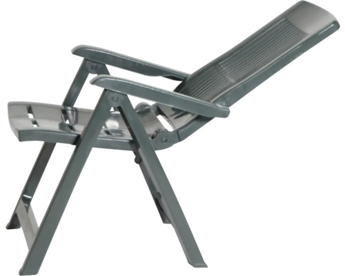 Chaise de jardin pliante en plastique anthracite avec dossier haut et accoudoirs.