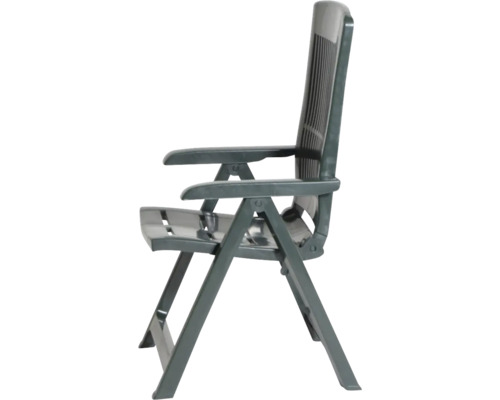 Chaise de jardin pliante en plastique avec dossier haut et accoudoirs.