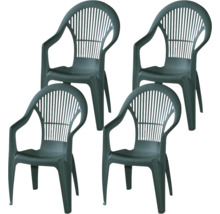 Lot de 4 fauteuils de jardin empilables en plastique vert avec accoudoirs et dossier à lattes.