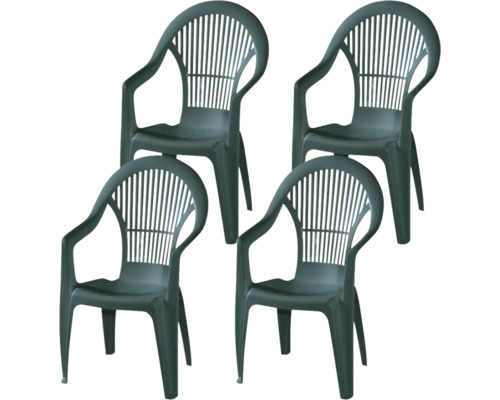 Lot de 4 fauteuils de jardin empilables en plastique vert avec accoudoirs et dossier à lattes.