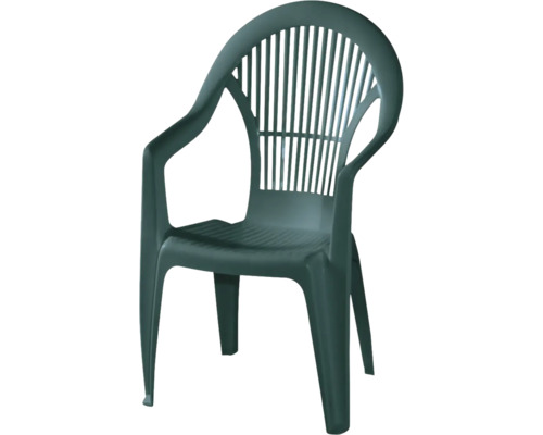 Chaise de jardin empilable vert foncé en plastique avec accoudoirs et dossier à lattes.