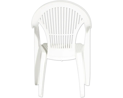 Chaise de jardin blanche en plastique avec accoudoirs et dossier à lattes, vue arrière.