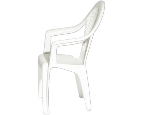 Chaise de jardin blanche empilable en plastique avec accoudoirs.