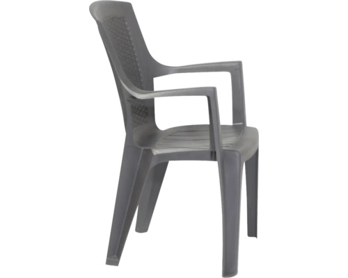 Chaise empilable grise en plastique avec accoudoirs, chaise de jardin.