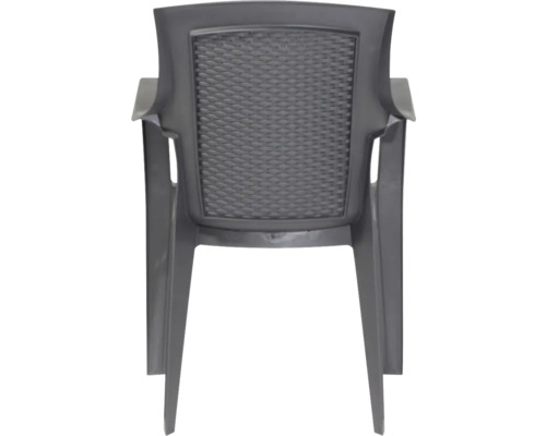 Chaise de jardin couleur anthracite en plastique avec accoudoirs et dossier aspect rotin.