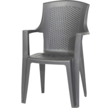 Chaise de jardin empilable en plastique anthracite avec accoudoirs et dossier aspect tressé.