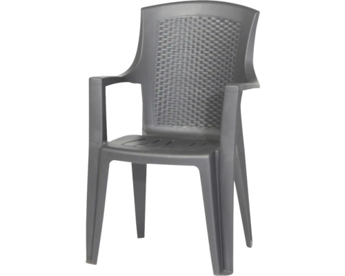 Chaise de jardin empilable en plastique anthracite avec accoudoirs et dossier aspect tressé.