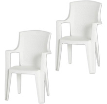 Deux chaises de jardin blanches en plastique avec accoudoirs et dossier structuré.