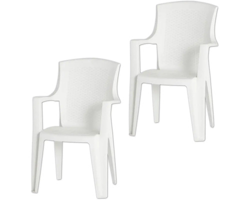 Deux chaises de jardin blanches en plastique avec accoudoirs et dossier structuré.