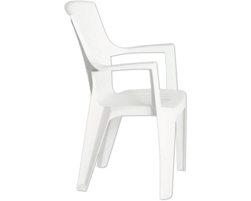 Fauteuil de jardin empilable en plastique blanc avec accoudoirs.