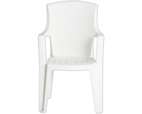 Chaise de jardin blanche en plastique avec accoudoirs.