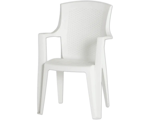 Chaise de jardin en plastique blanc avec accoudoirs et dossier à motifs.