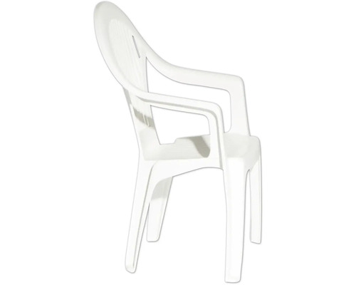 Chaise de jardin blanche empilable en plastique avec accoudoirs et dossier à lattes.