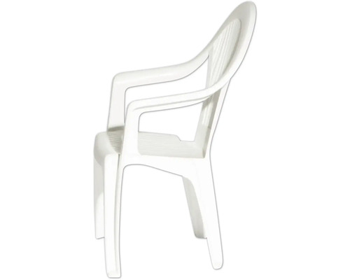 Chaise de jardin empilable blanche en plastique avec accoudoirs.