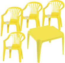 Ensemble de jardin jaune pour enfants en plastique composé d'une table carrée et de quatre chaises avec accoudoirs.