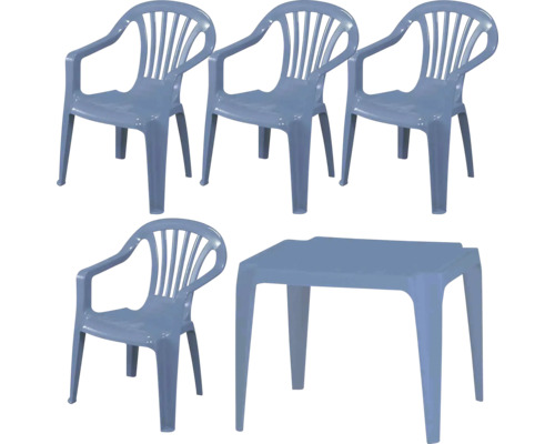 Ensemble de jardin en plastique bleu composé de quatre chaises empilables avec accoudoirs et une table carrée.