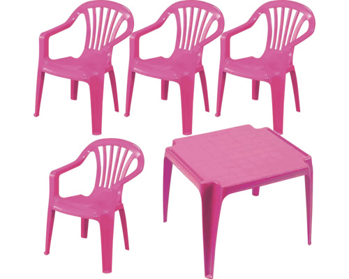 Salon de jardin pour enfants en plastique rose, comprenant une table carrée et quatre chaises empilables avec accoudoirs.