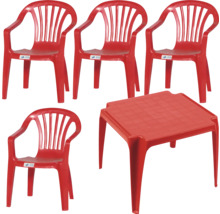 Salon de jardin rouge pour enfants composé de quatre chaises en plastique avec accoudoirs et d'une table carrée en plastique.