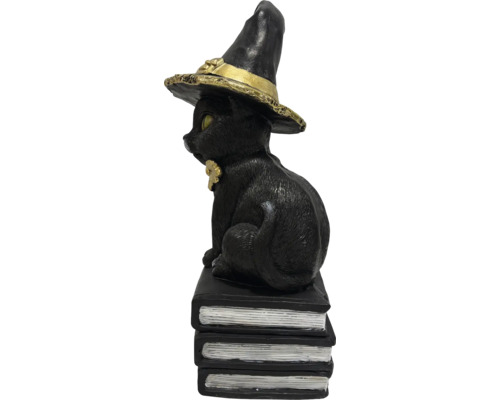 Figurine décorative de chat noir avec chapeau de sorcière sur une pile de livres