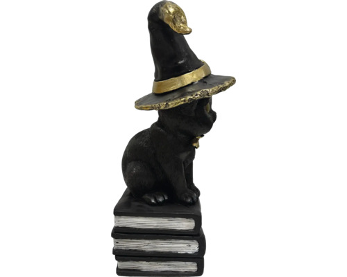 Figurine décorative d'Halloween : chat noir avec chapeau de sorcière sur une pile de livres