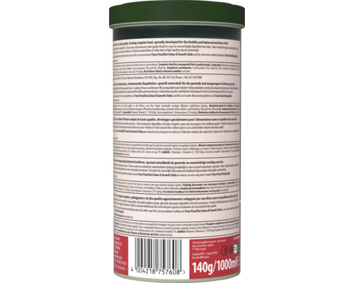 Arrière de l'emballage Tetra Pond Koi Sticks avec ingrédients, instructions de nourrissage, code-barres, symbole de recyclage et Tetra Logo.